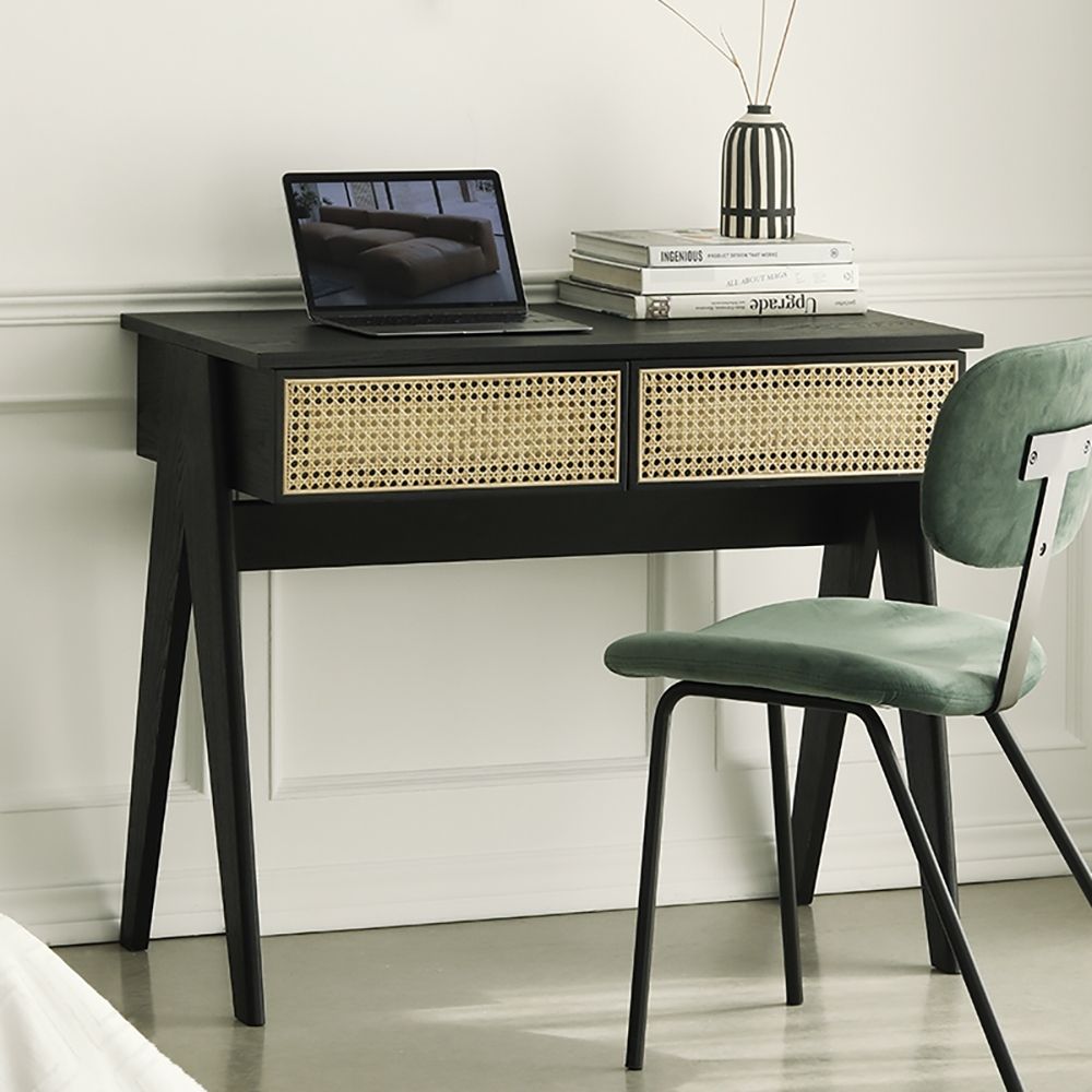 Modern Home Office Desk in Black with Drawers in Pine Wood with Rattan