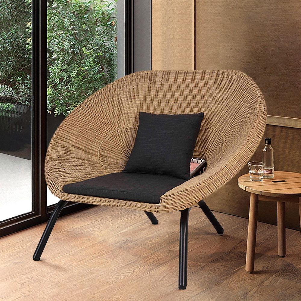 Rattan Patio Barrel Chair with Black Cushion Pillow