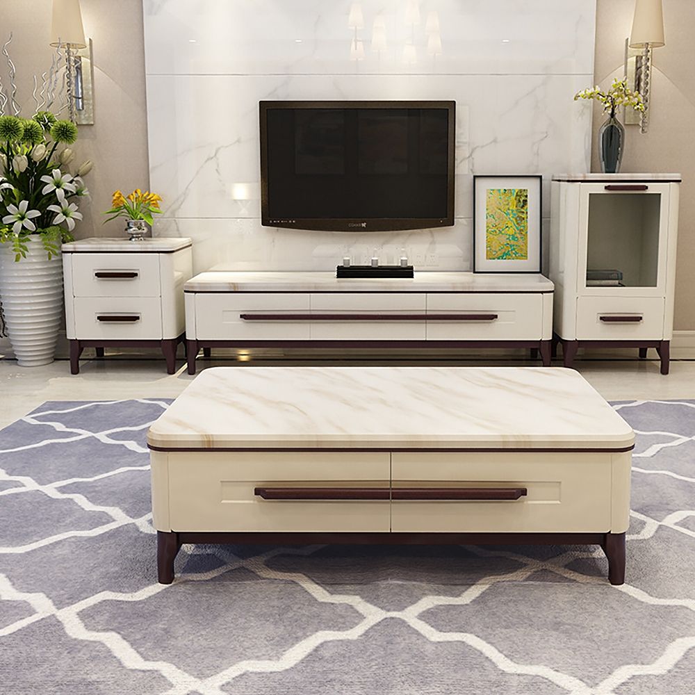 Contemporary White TV Stand Faux Marble Top Media Console with Drawers