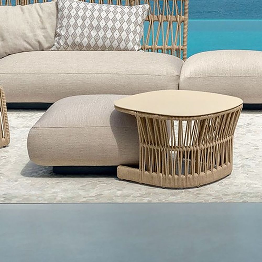 Emilio Off White Outdoor Coffee Table Rattan Patio End Table with Wood