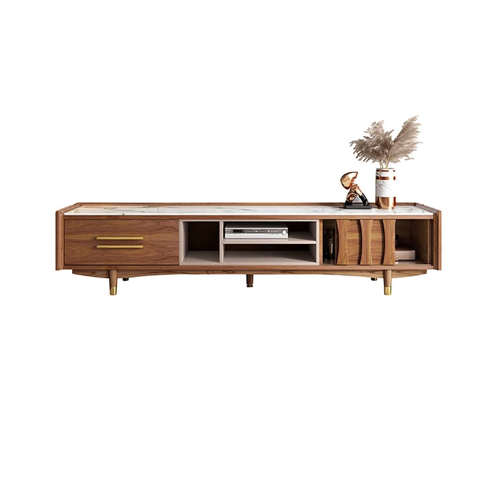 78" Walnut TV Stand Tempered Glass Top Media Console with Storage in Gold