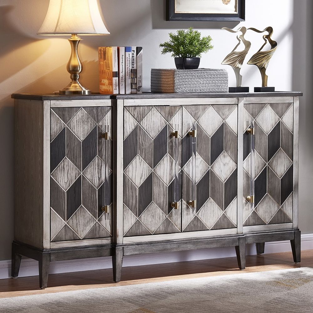 Classic Silvery Gray Sideboard Buffet with 4 Doors Acrylic Pulls