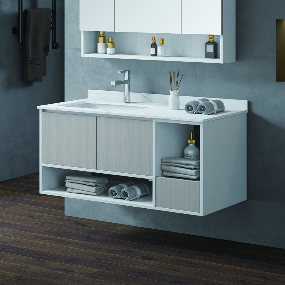 Modern 39" White/Gray Floating Bathroom Vanity Stone Top Ceramic Sink