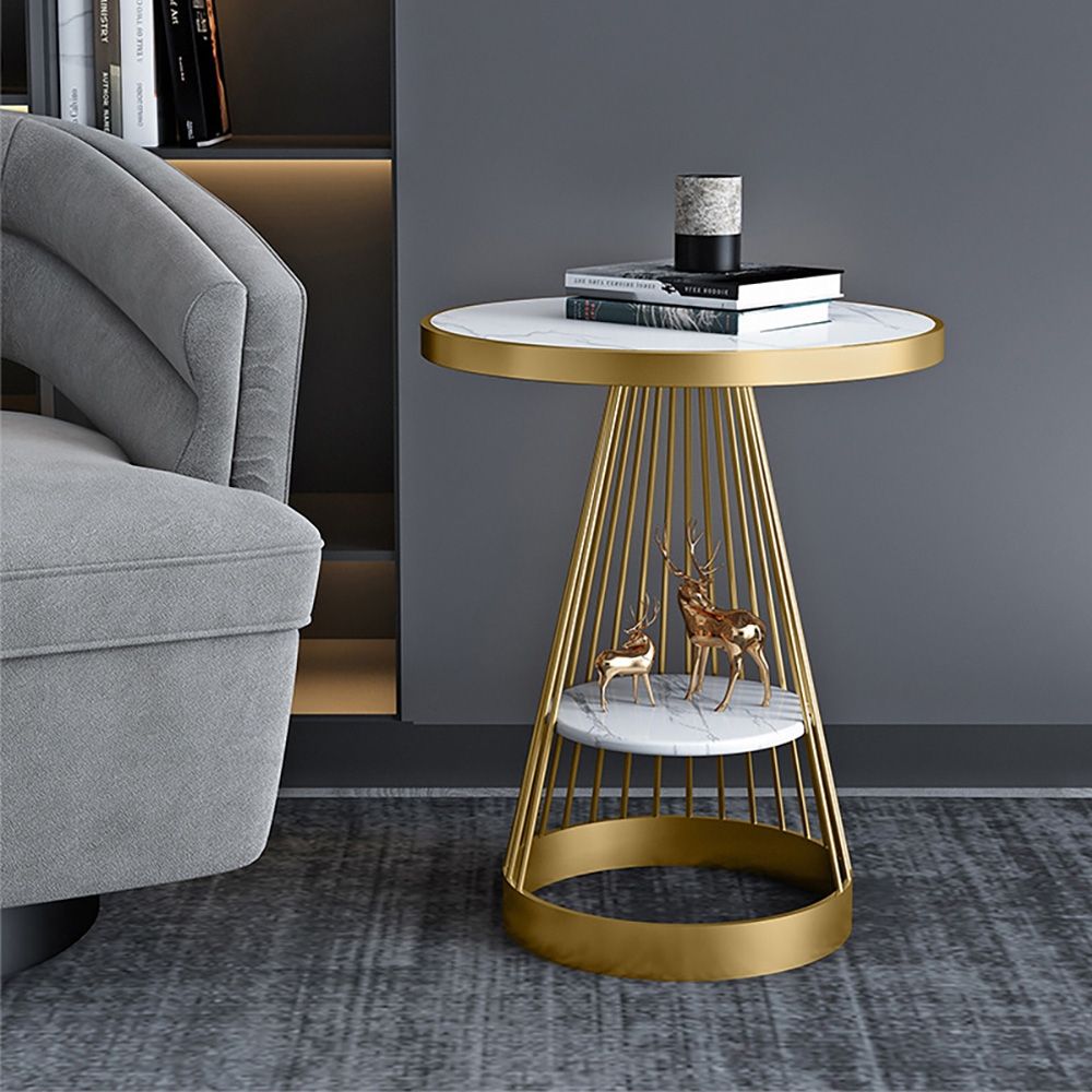 Modern End Table with Storage Marble Top & Metal Frame Side Table