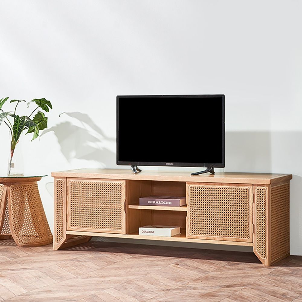 57" Japanese Natural TV Stand Rattan Woven Media Console With Storage