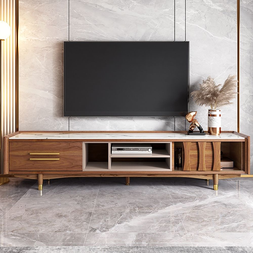 78" Walnut TV Stand Tempered Glass Top Media Console with Storage in Gold