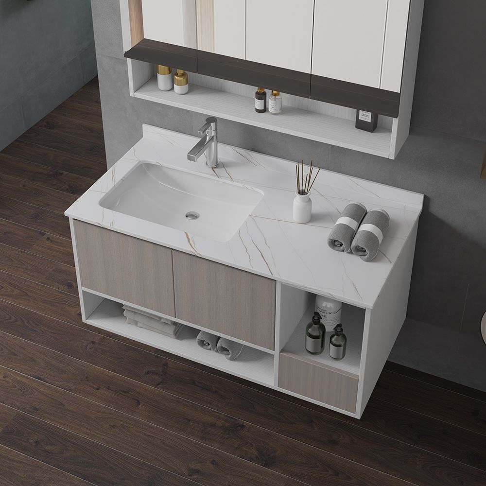 Modern 39" White/Gray Floating Bathroom Vanity Stone Top Ceramic Sink