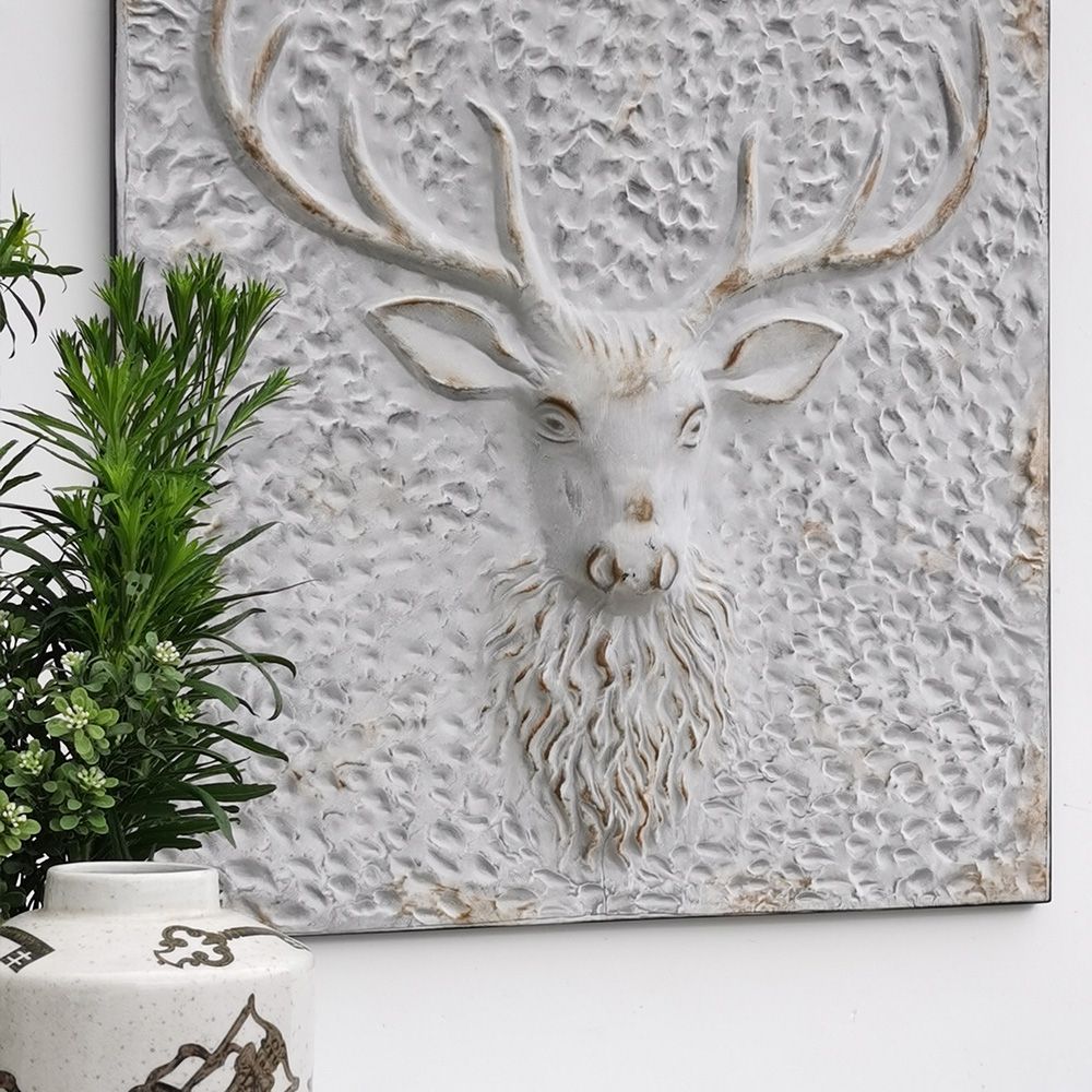 Retro Style Geometric Square White Metal Embossed Deer