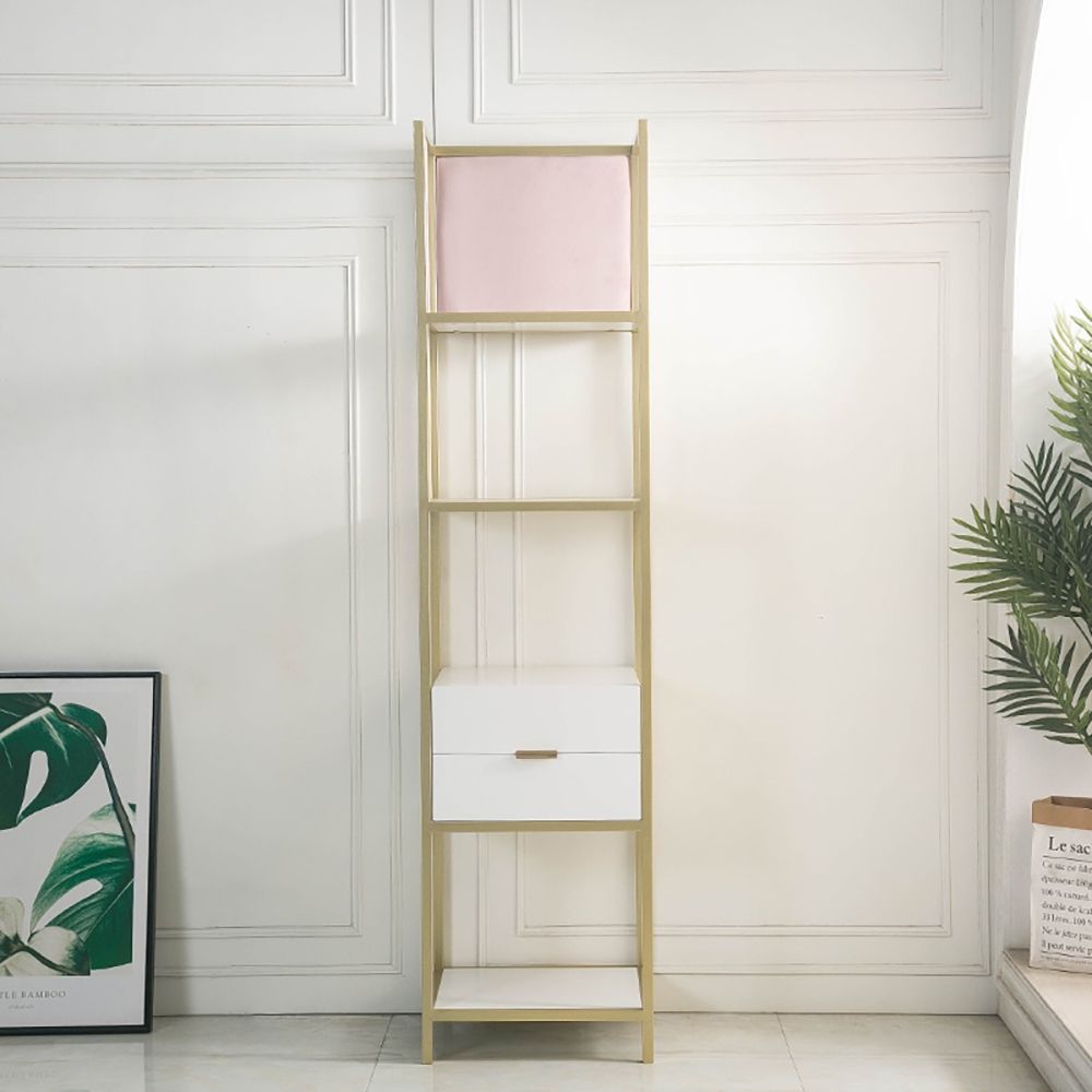 4Tiers Tall Bookcase Gold Bookshelf with 2 Drawers in Pink