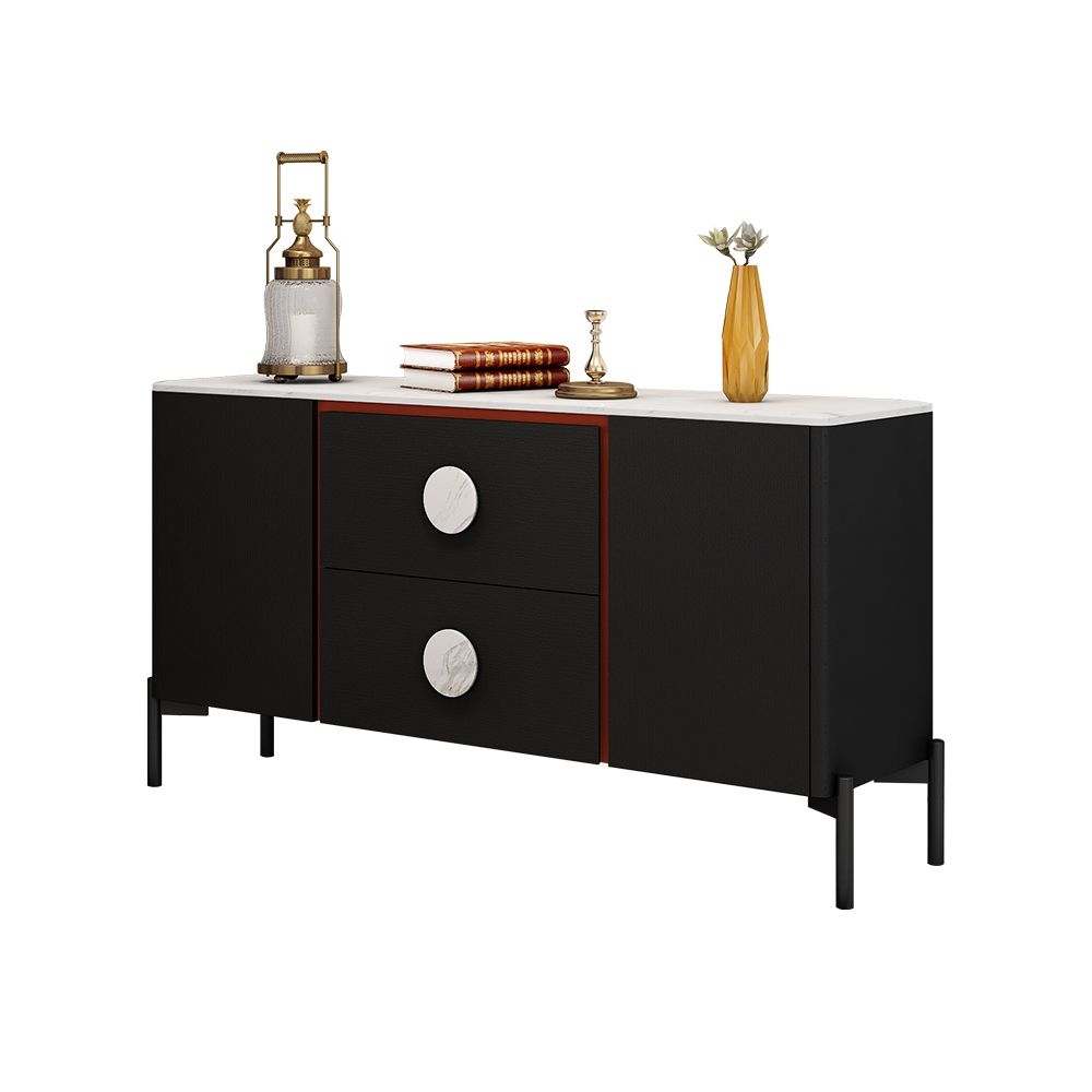 59" Black Sideboard Faux Marble Top & Pulls Modern Sideboard