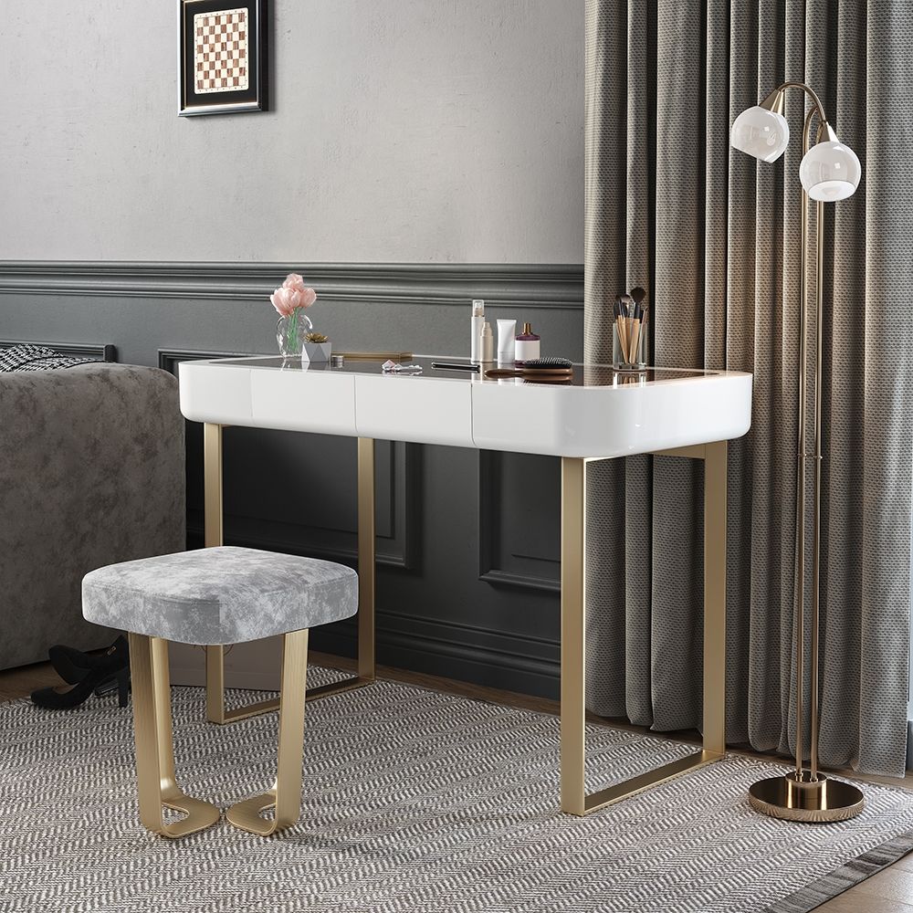 39" White Makeup Vanity Tempered Glass Top Lacquered 1Drawer Dressing