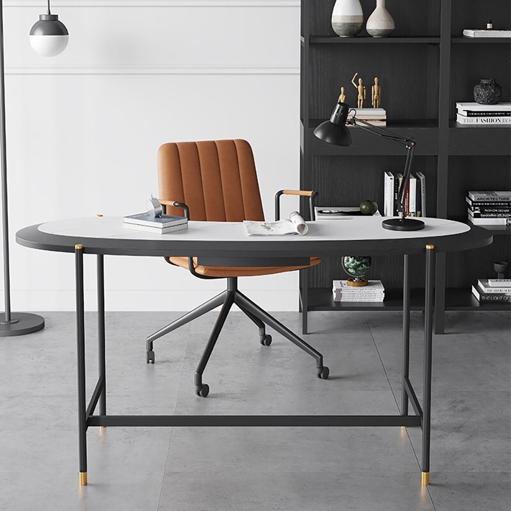 Modern Writing Desk with Drawer Stone Top & Metal Legs