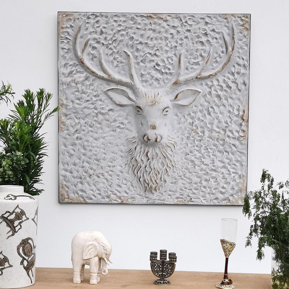 Retro Style Geometric Square White Metal Embossed Deer