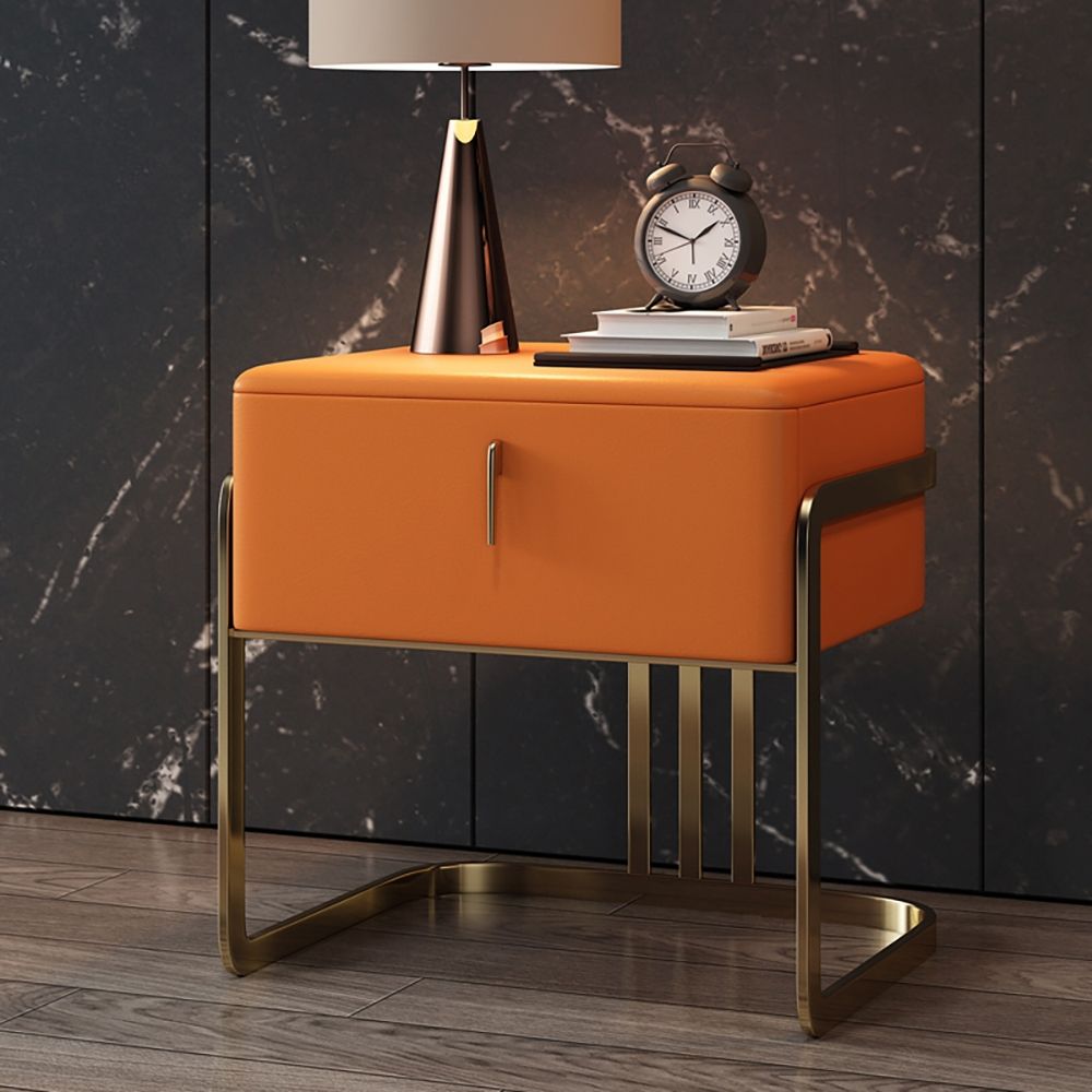 Italian Minimalist Orange Nightstand Upholstered Leather Surface with 1