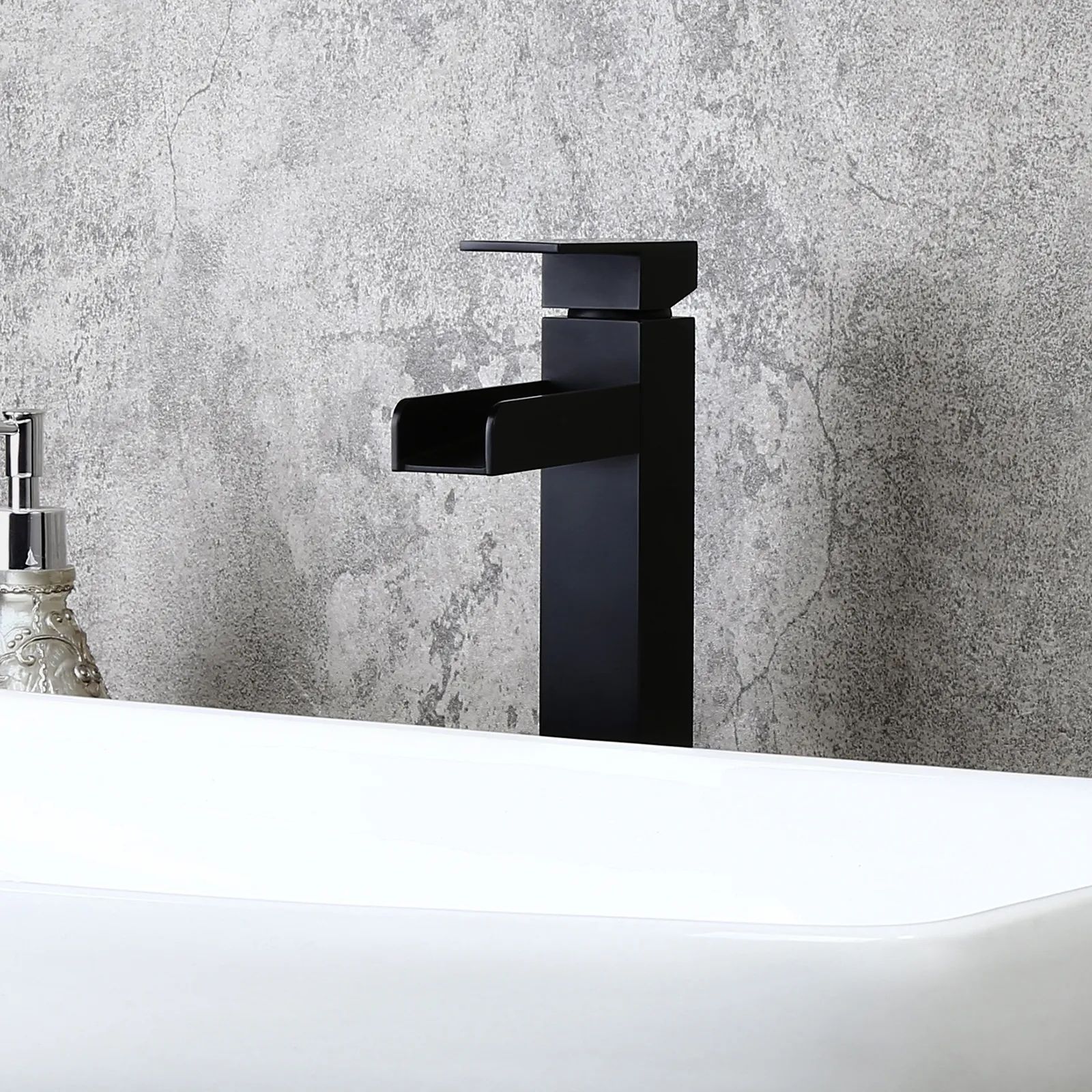 Matte Black Single Handle Waterfall Bathroom Vessel Sink Faucet Solid