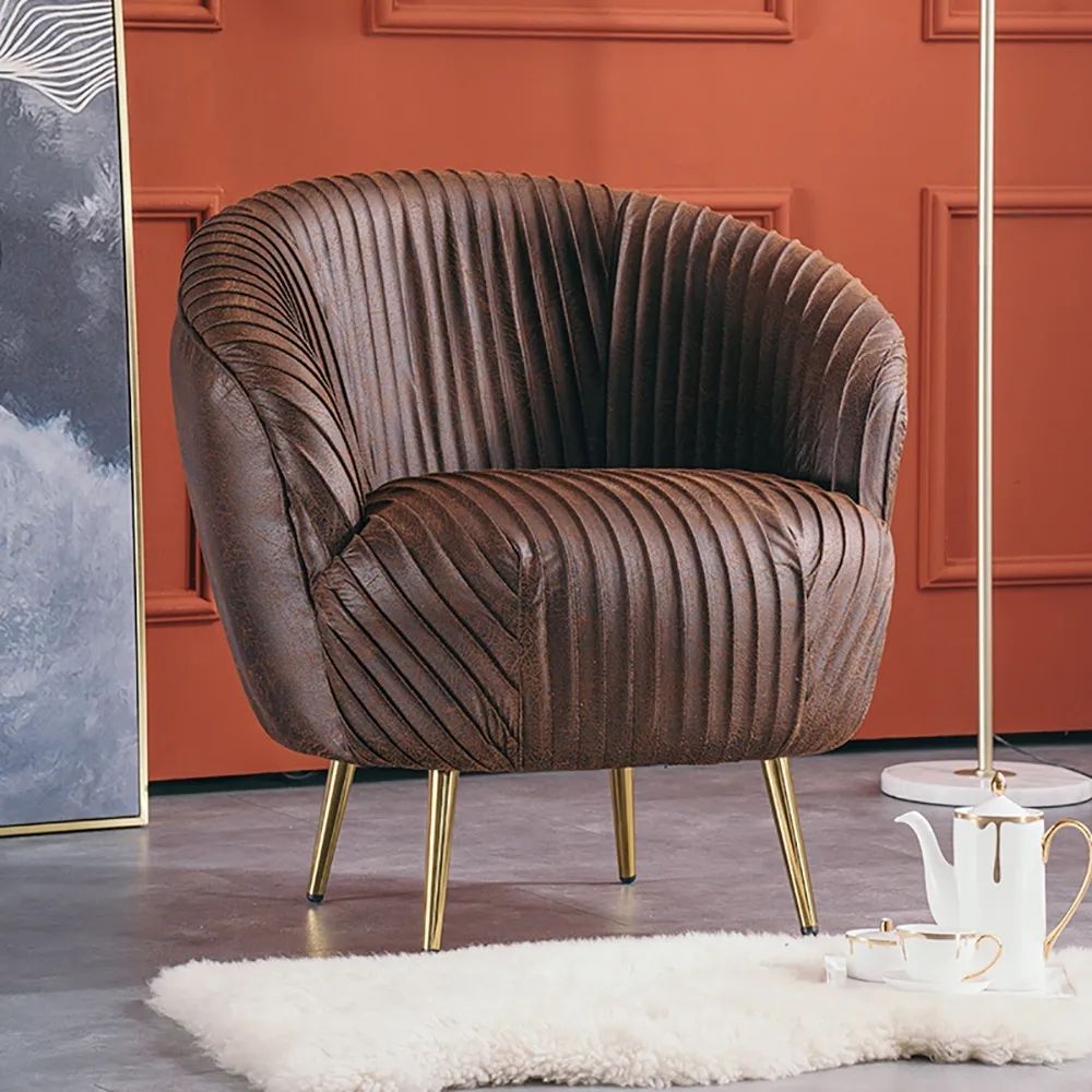 Brown Velvet Accent Chair Upholstered Arm Chair with Metal Legs in Gold