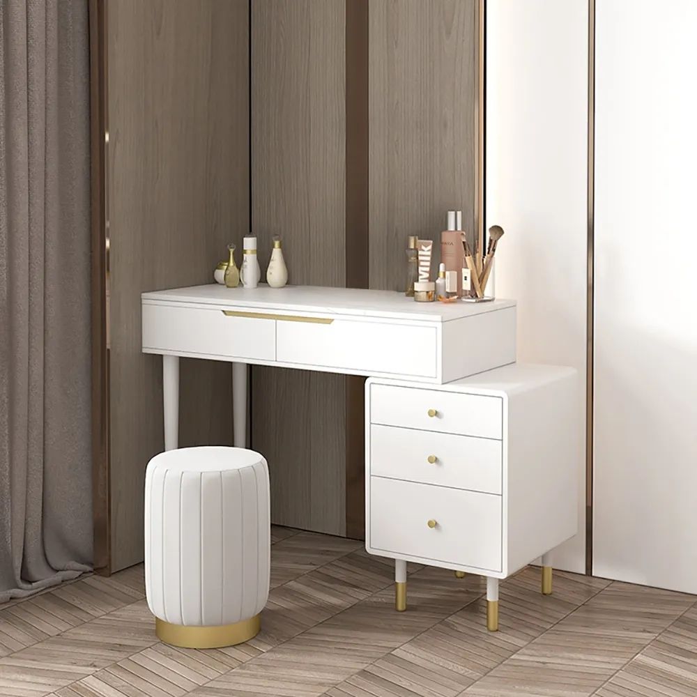 Modern White Makeup Vanity Retracted Stone Top with 5 Drawers in Small