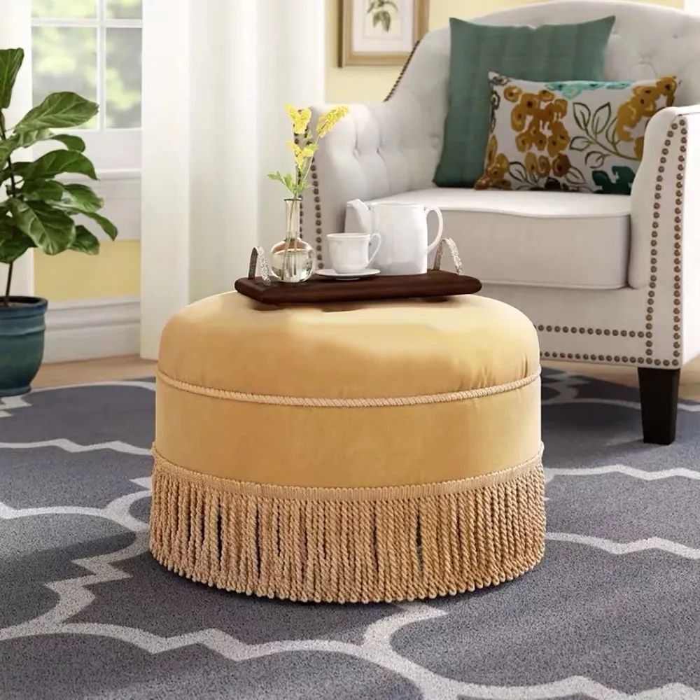 Retro Tassel Ottoman Round Stool Upholstered Ottoman 23.6''-B