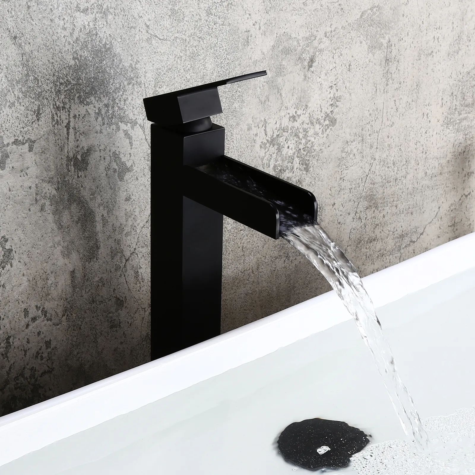 Matte Black Single Handle Waterfall Bathroom Vessel Sink Faucet Solid ...