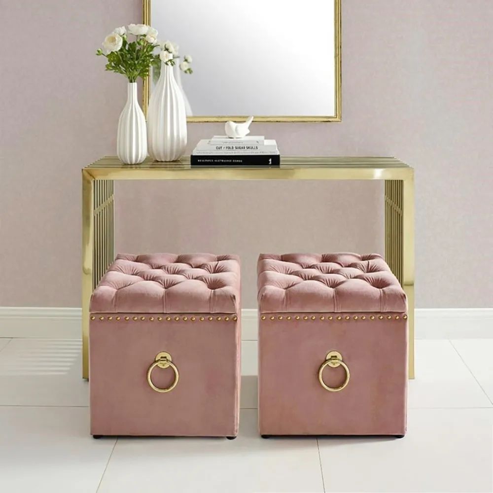 Pink Small Tufted Storage Cube Stool Velvet Upholstered Ottoman Stool