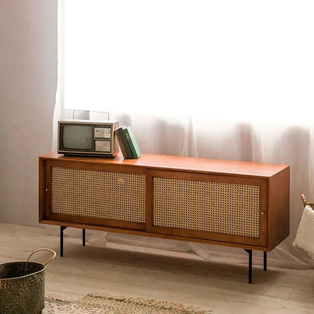 55" Cottage Natural TV Stand with Rattan Woven Doors & Adjustable Shelves