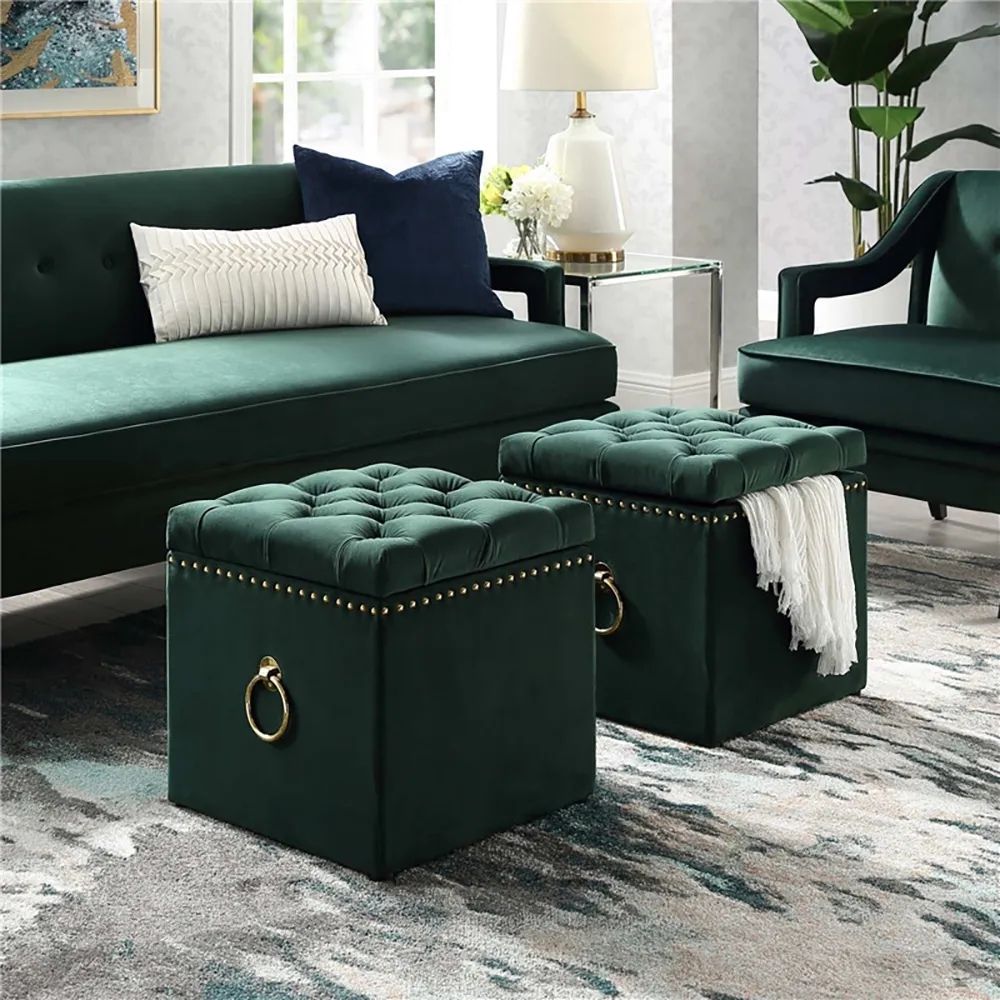 Green Large Tufted Storage Cube Stool Velvet Upholstered Ottoman Stool