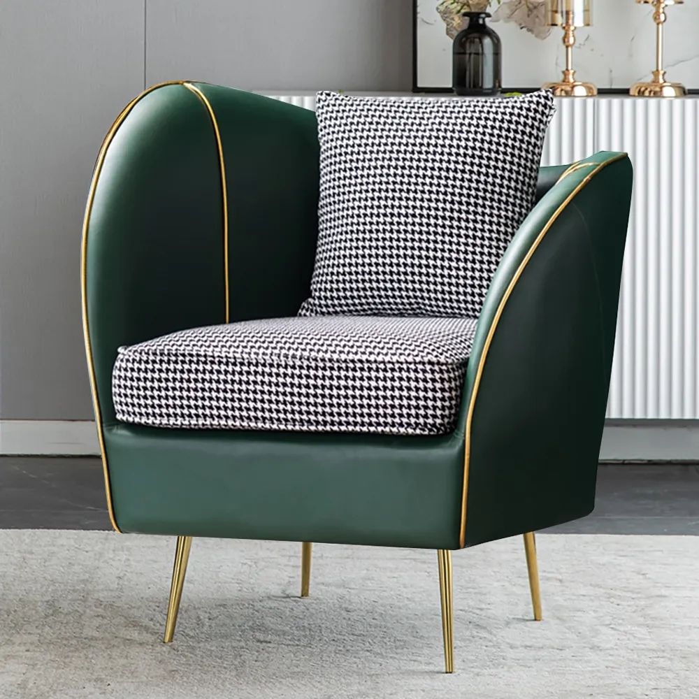 Green Modern Houndstooth Upholstered Linen & Leather Accent Chair in Gold