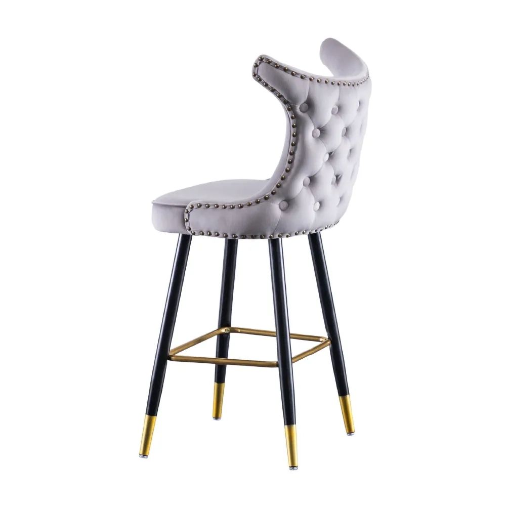 Gray Counter Height Bar Stool Velvet Upholstery with Tufted Back Set of 2