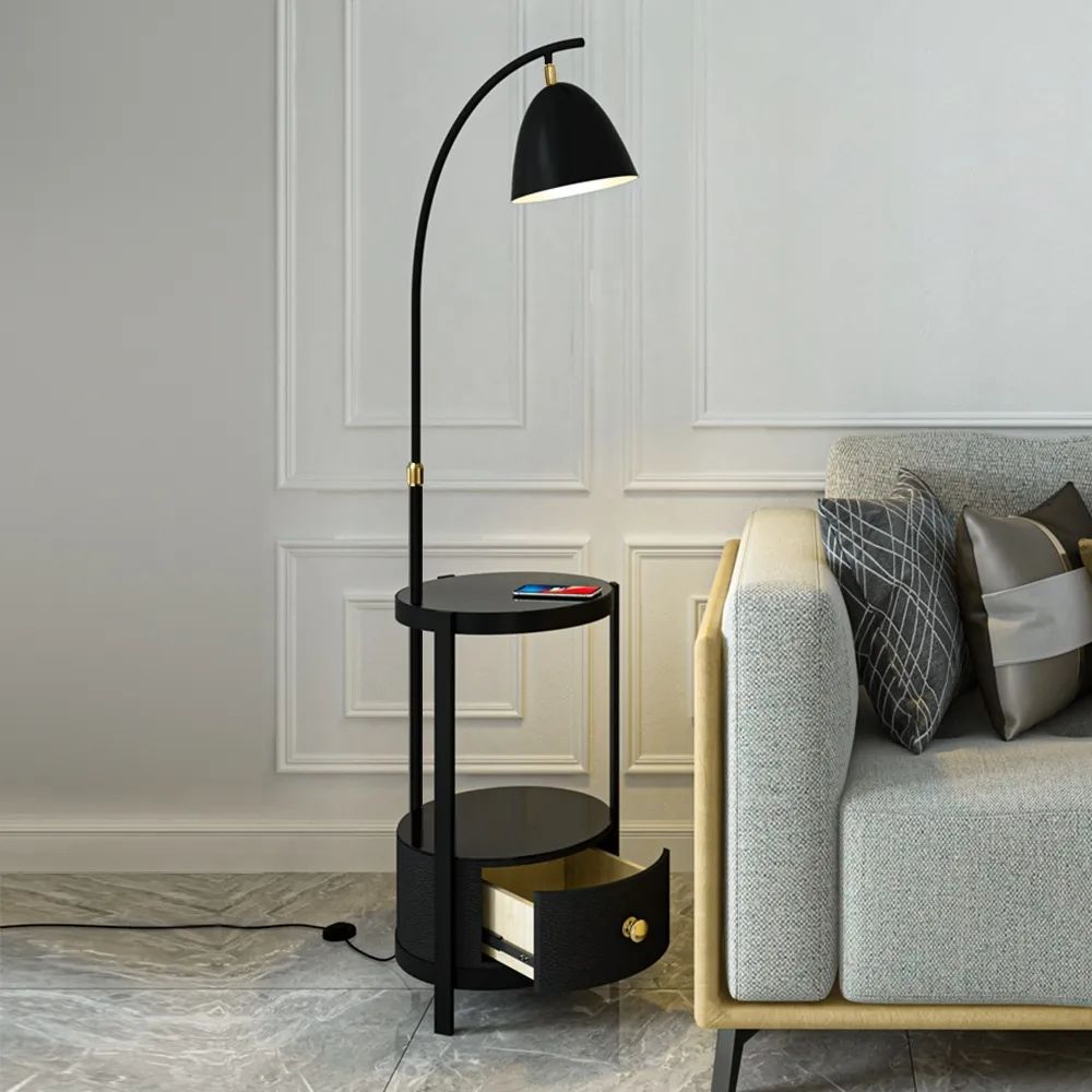 Modern Black End Table Floor Lamp with Shelves and Table and Drawer LED