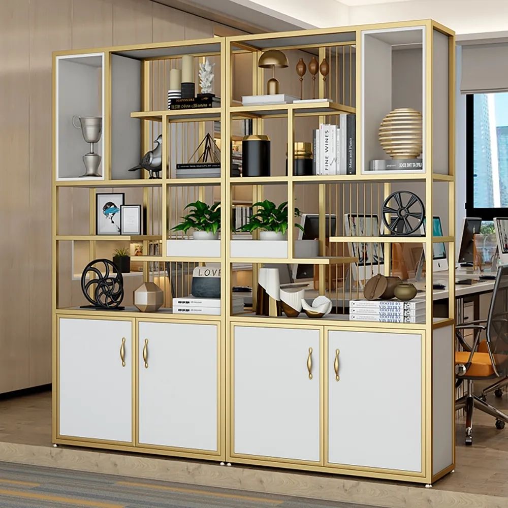 78" Contemporary White & Gold Standard Bookshelf with Doors