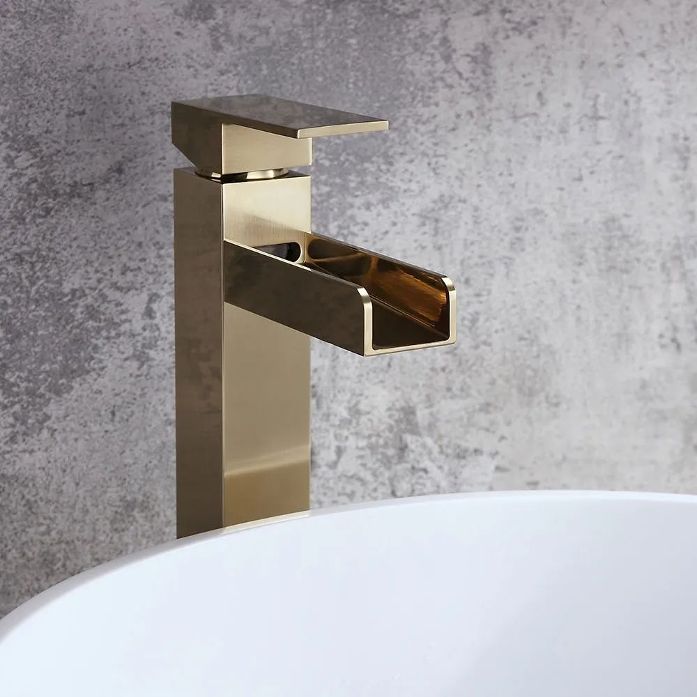 Brushed Gold Single Handle Waterfall Bathroom Vessel Sink Faucet Solid Brass Modern 9734