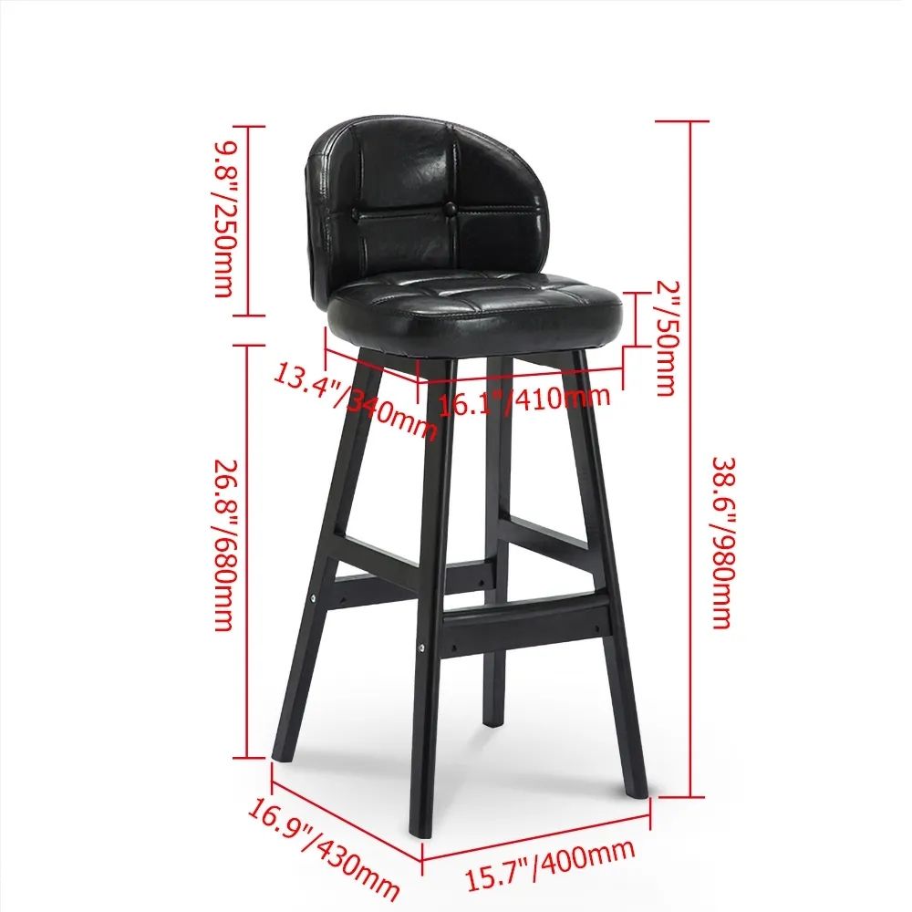 PU Leather Upholstered Bar Stool Black Mid-Century Counter Stool Set of 2