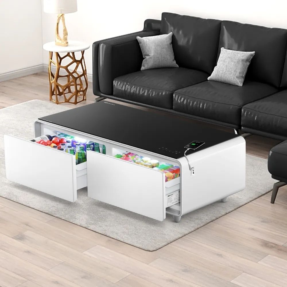 White Smart Coffee Table with Fridge and Storage