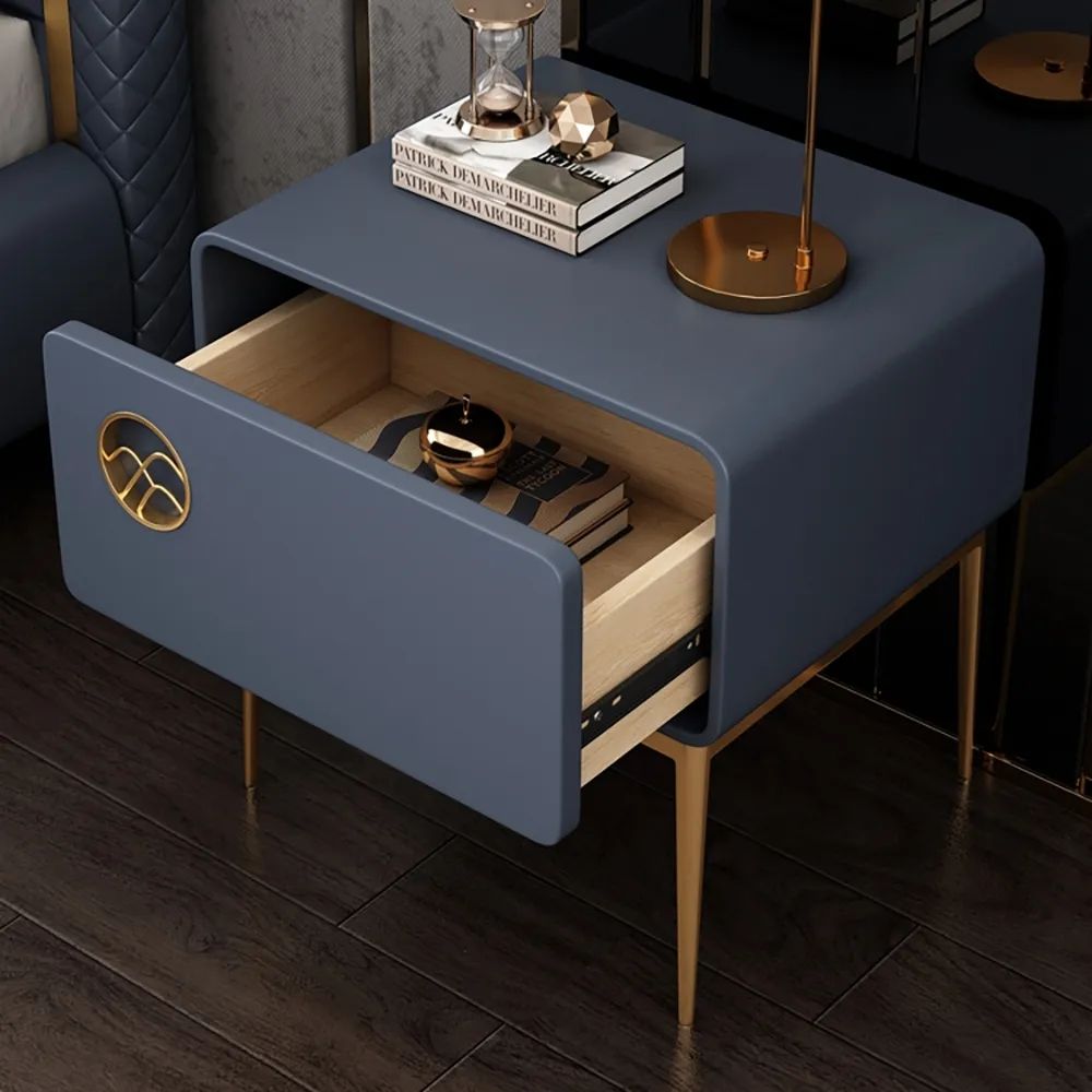 Modern Blue Nightstand Luxury 1Drawer Faux Leather Bedside Table Gold
