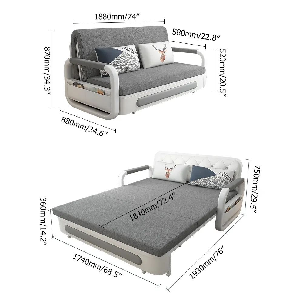 Khaki Modern 74" Full Sleeper Sofa Cotton&linen Upholstered Convertible