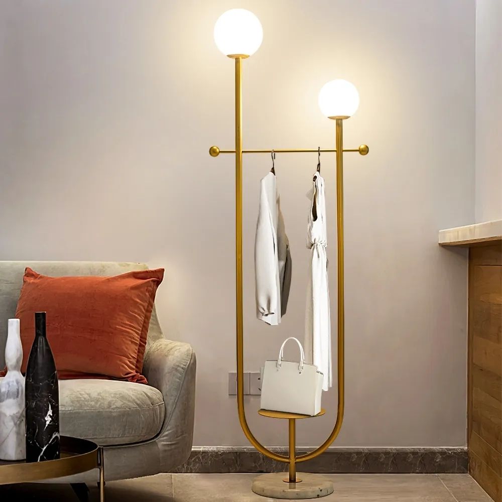 Gold Shelf LED Floor Lamp 2Light Coat and Clothing Rack