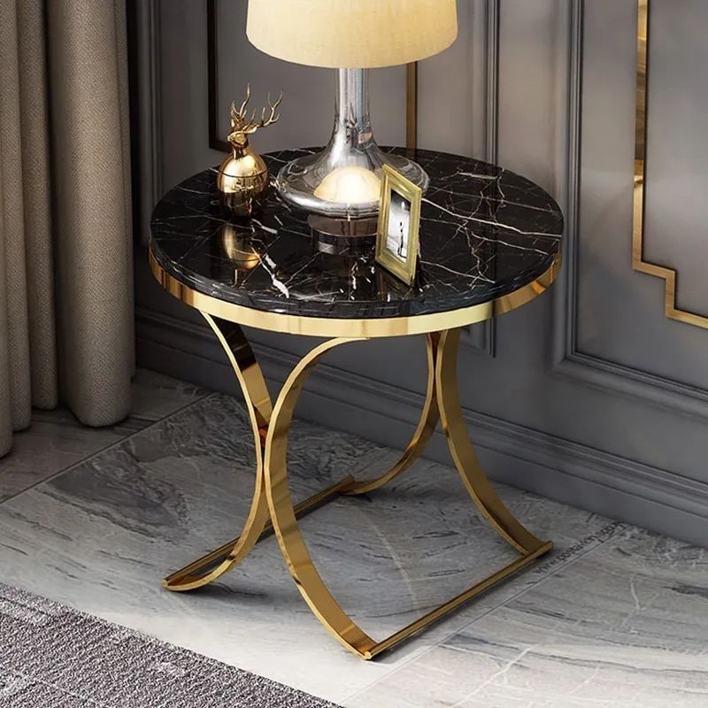 Modern Luxurious Round Black Stone Side Table XBase End Table in Gold