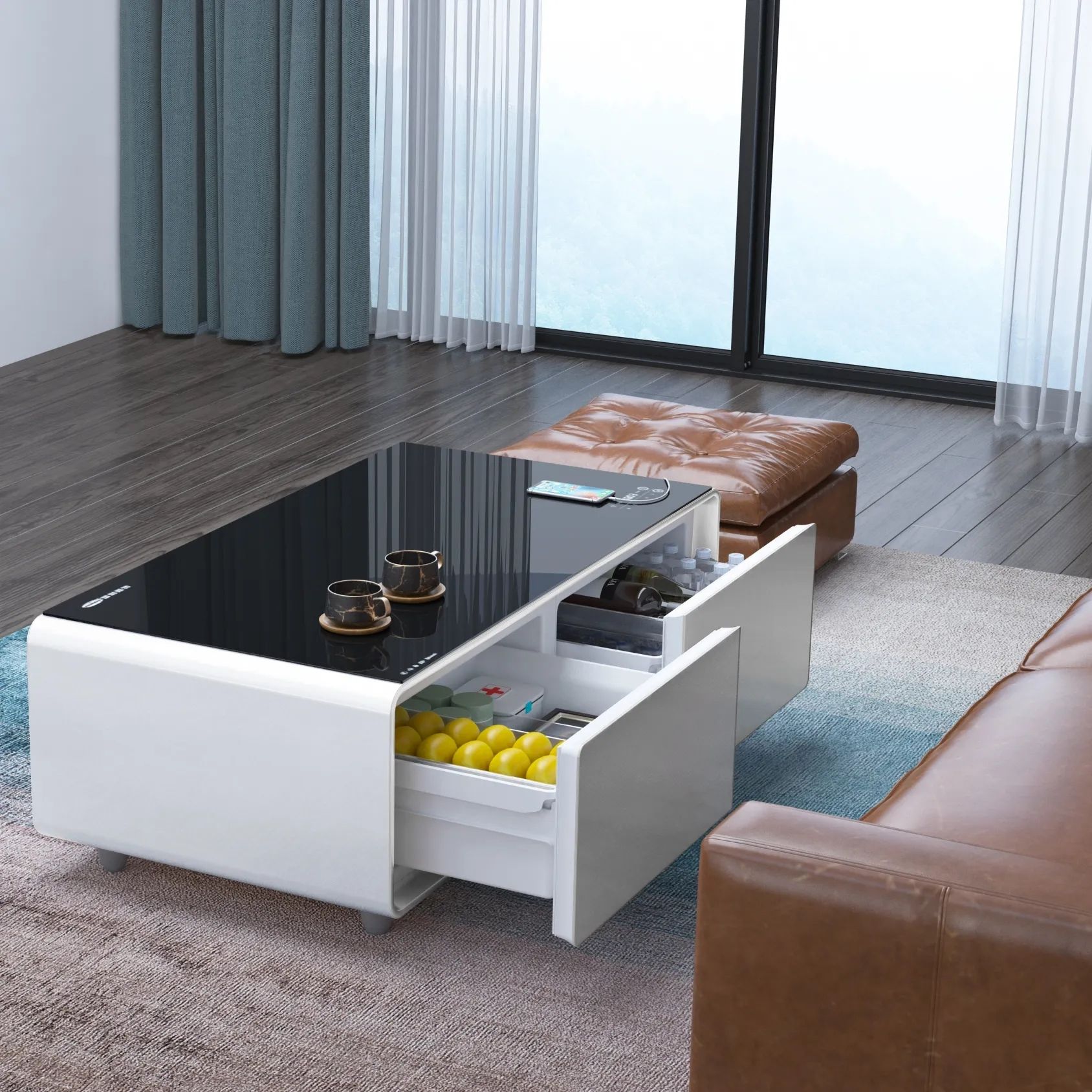 White Smart Coffee Table with Fridge and Storage