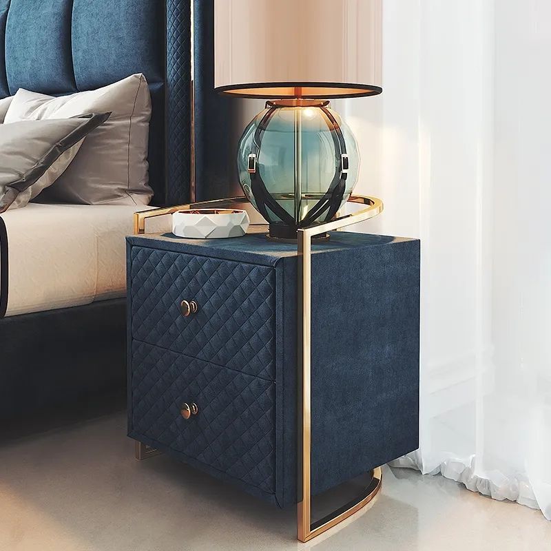 Modern Velvet 2 Drawer Nightstand Gold Bedroom Bedside Chest in Blue