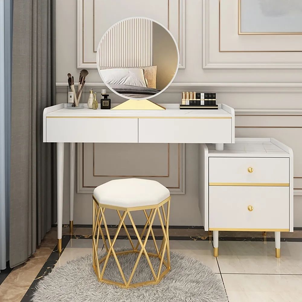 Modern White Makeup Vanity Set Stone Top 4 Drawers Mirror & Stool ...