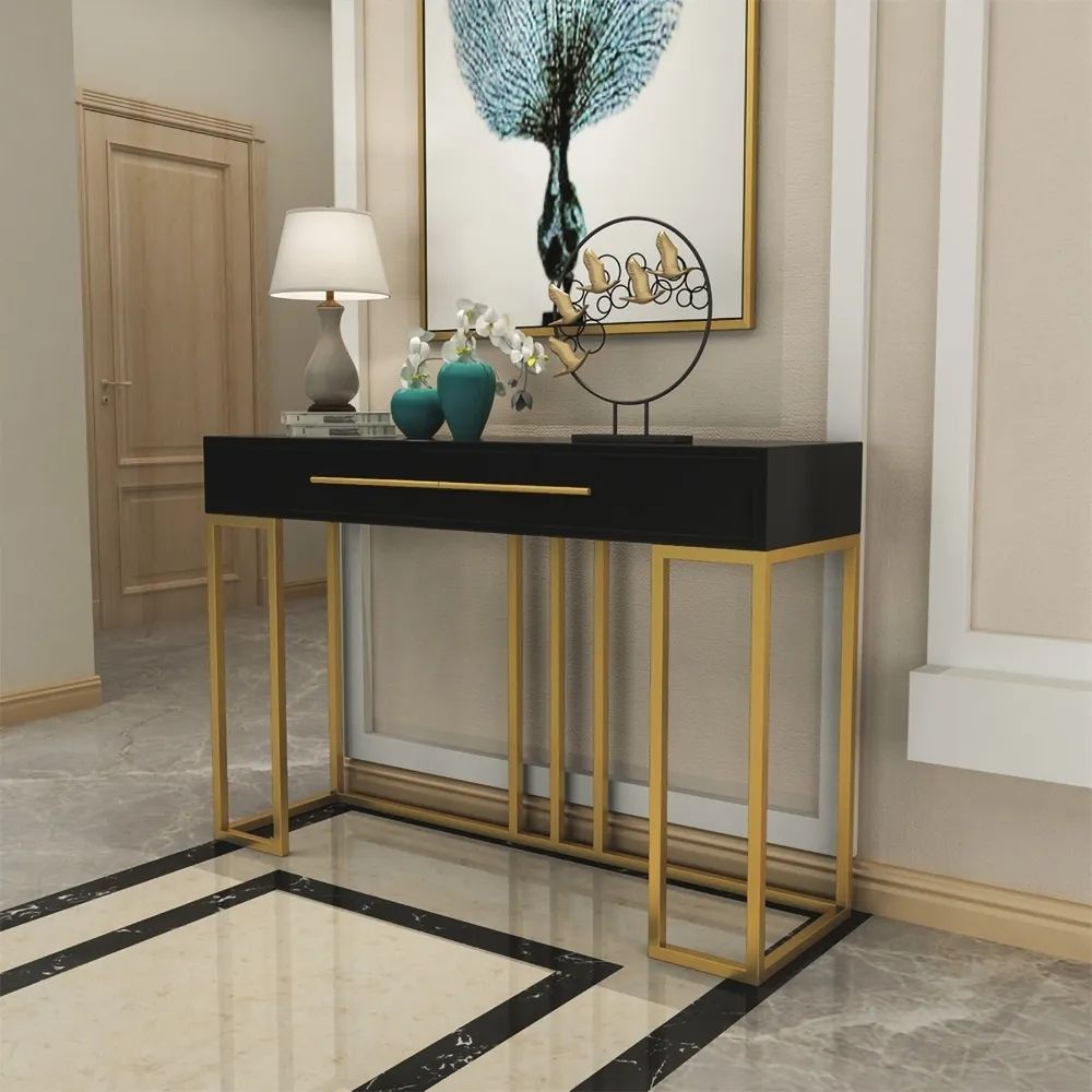 Black Console Table with Drawer Entryway Table Contemporary for Hallway