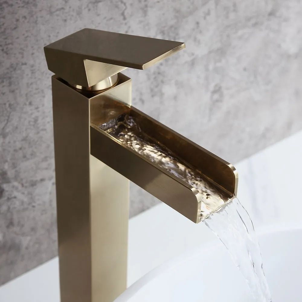 Brushed Gold Single Handle Waterfall Bathroom Vessel Sink Faucet Solid