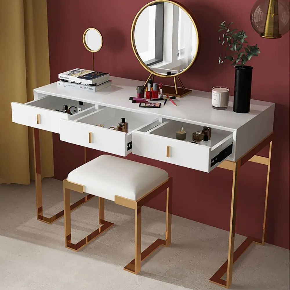Modern White Makeup Vanity Set 3Drawer Dressing Table Stool