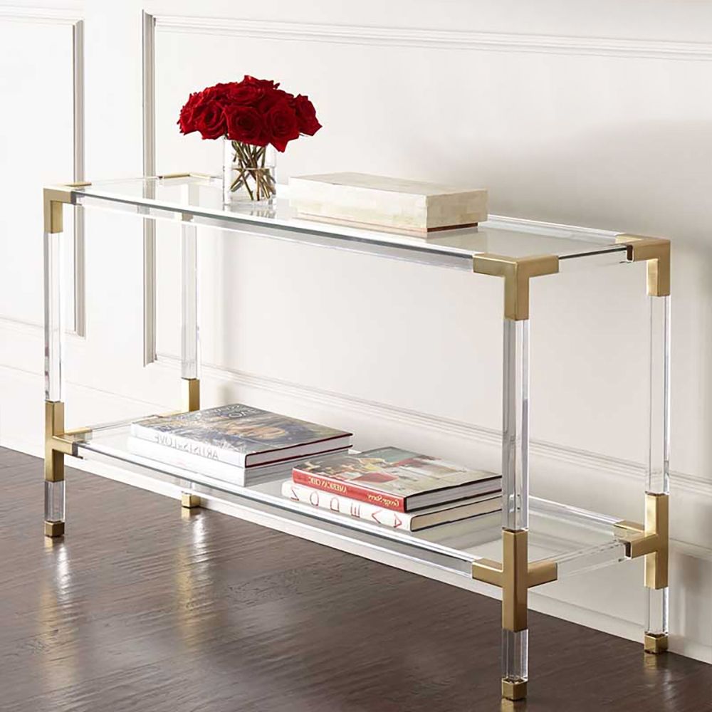 Narrow Console Table with Shelf Tempered Glass Top & Acrylic Frame