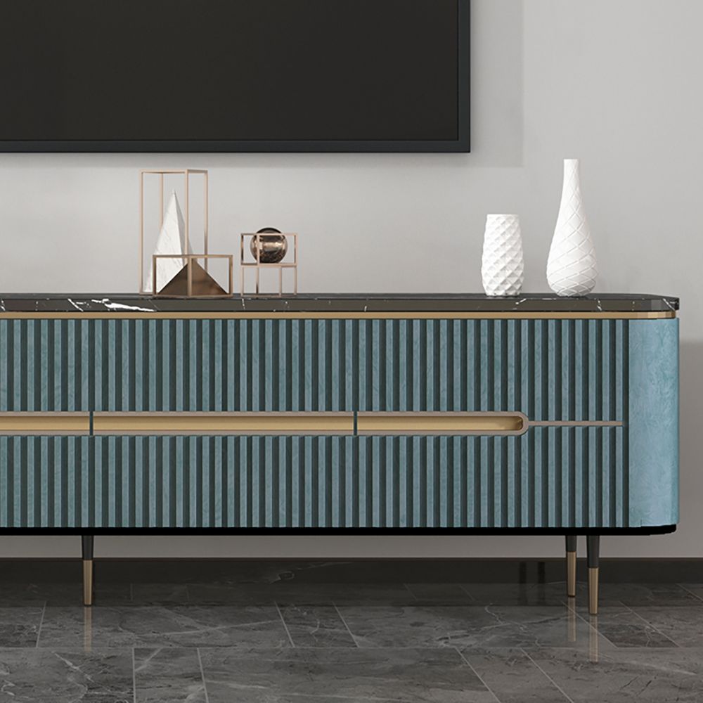 Modern Blue TV Stand Black Faux Marble Top 4Door TV Console
