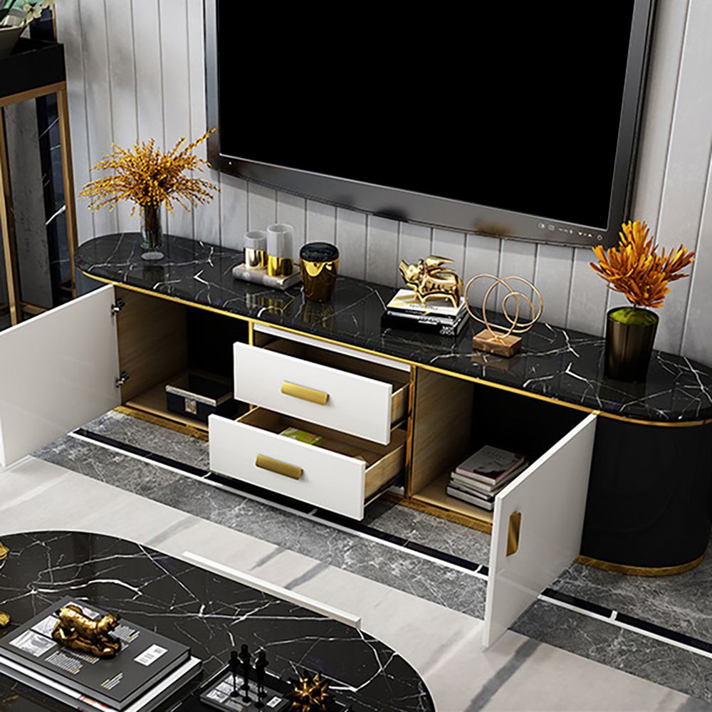 Contemporary White & Black TV Stand Faux Marble Top 2 Drawers 2 Doors 78"