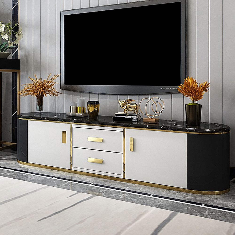 Contemporary White & Black TV Stand Faux Marble Top 2 Drawers 2 Doors 78"