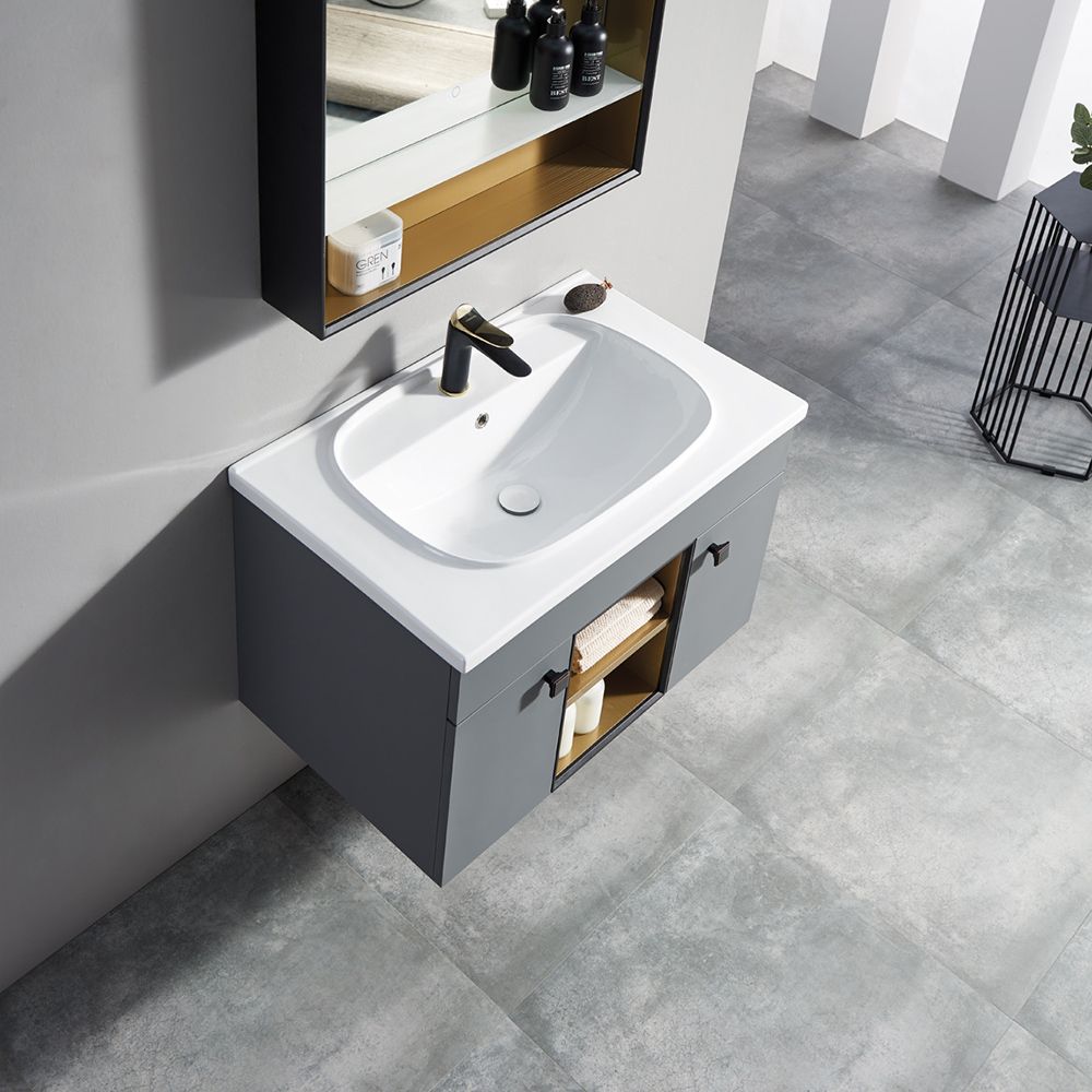 Gray Floating Bathroom Vanity Integral Ceramic Undermount 2 Doors 1 Shelf