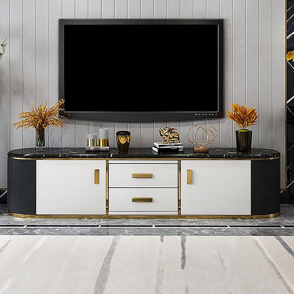 Contemporary White & Black TV Stand Faux Marble Top 2 Drawers 2 Doors 78"