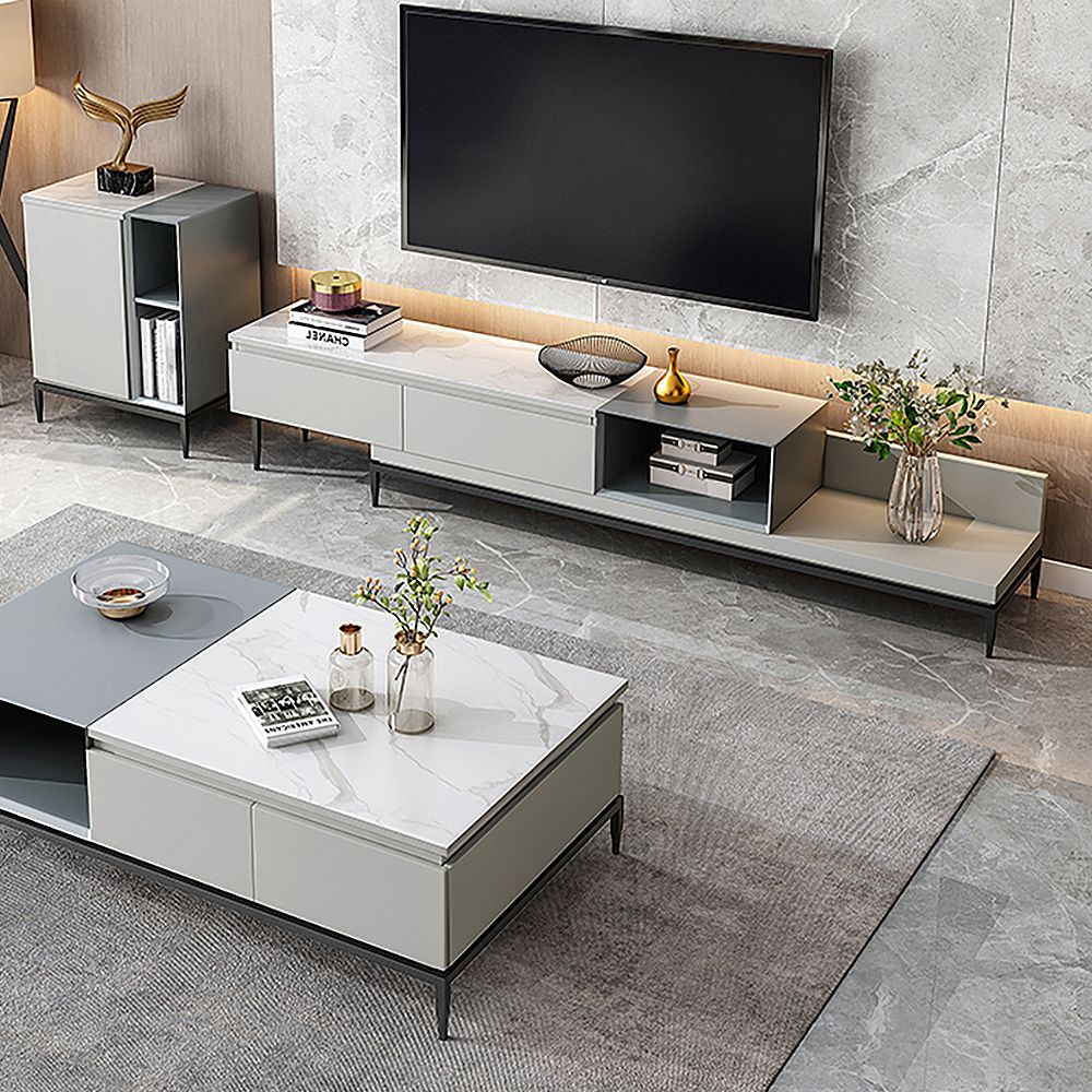 Italian Gray TV Stand Stone Top 2Drawer Extendable Media Console for TV